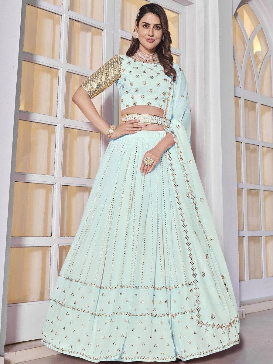 Sky blue georgette lehenga with thread and sequin embroidery work.