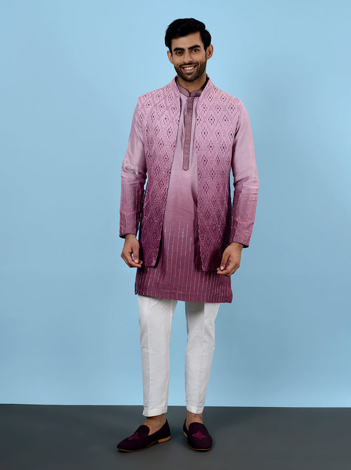 Elevate your ethnic wardrobe with this luxurious Pink Indowestern, designed with exquisite Silk Blend fabric and detailed Resham and bead work for festive occasions in the USA.