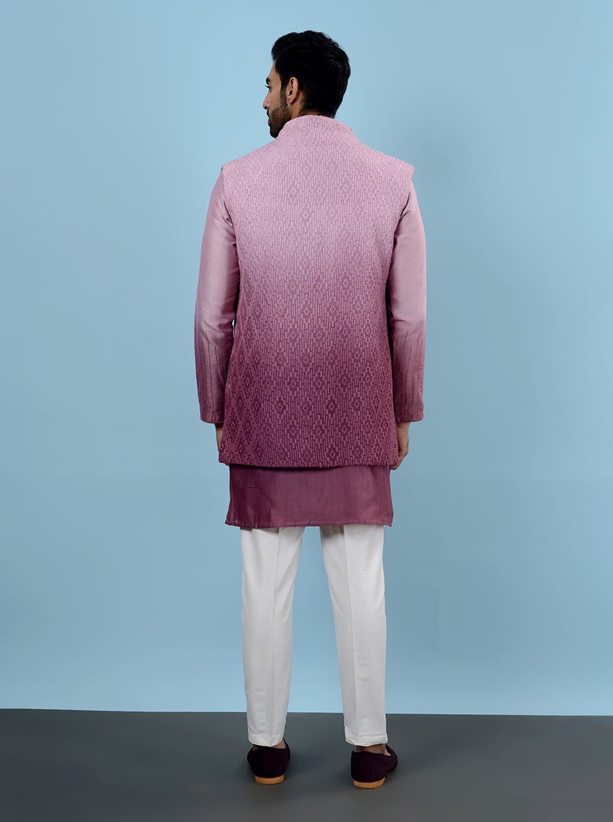 Make a statement at any event in this Pink Indowestern, crafted from premium Silk Blend fabric, showcasing stunning Resham and bead work for a sophisticated touch in the USA.