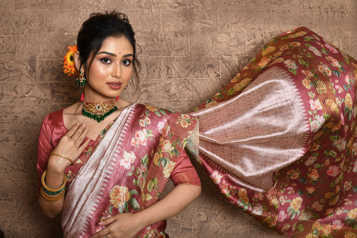 Soft Tussar silk saree with contrast floral pallu, border, and tassel embellishments