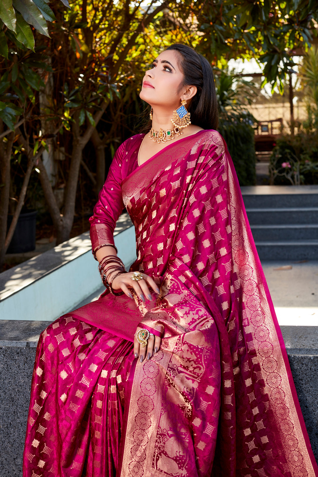 Wine Premium Satin Silk Wedding Saree with dual weave and elegant pallu, perfect for festive weddings.