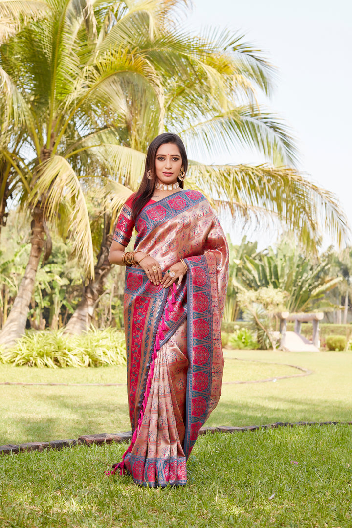 Bright pink Kanjivaram saree with luxurious weaving and detailed borders, making it perfect for weddings and special occasions.