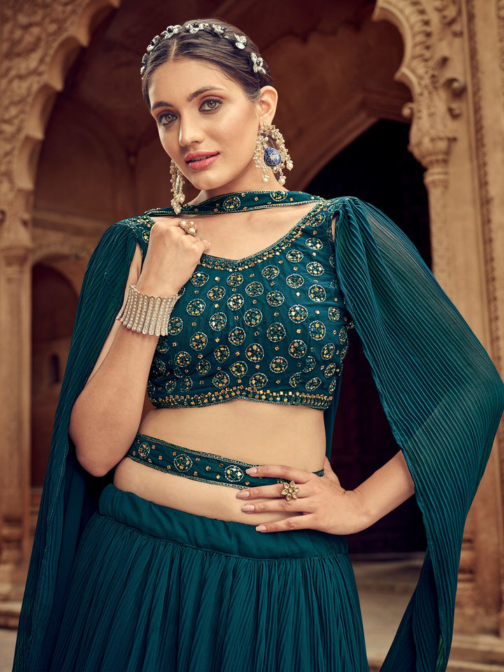 Glamorous Teal Blue Embroidered Georgette Lehenga Choli With Dupatta