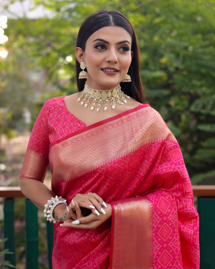 Vibrant bright pink Bandhej Patola silk saree featuring intricate designs and luxurious zari weaving, perfect for festive occasions.