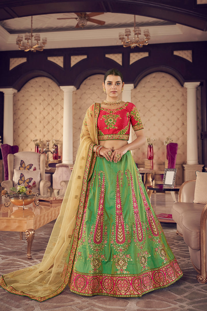 Green Jacquard Silk Lehenga | Elegant Zari & Hand Work Design