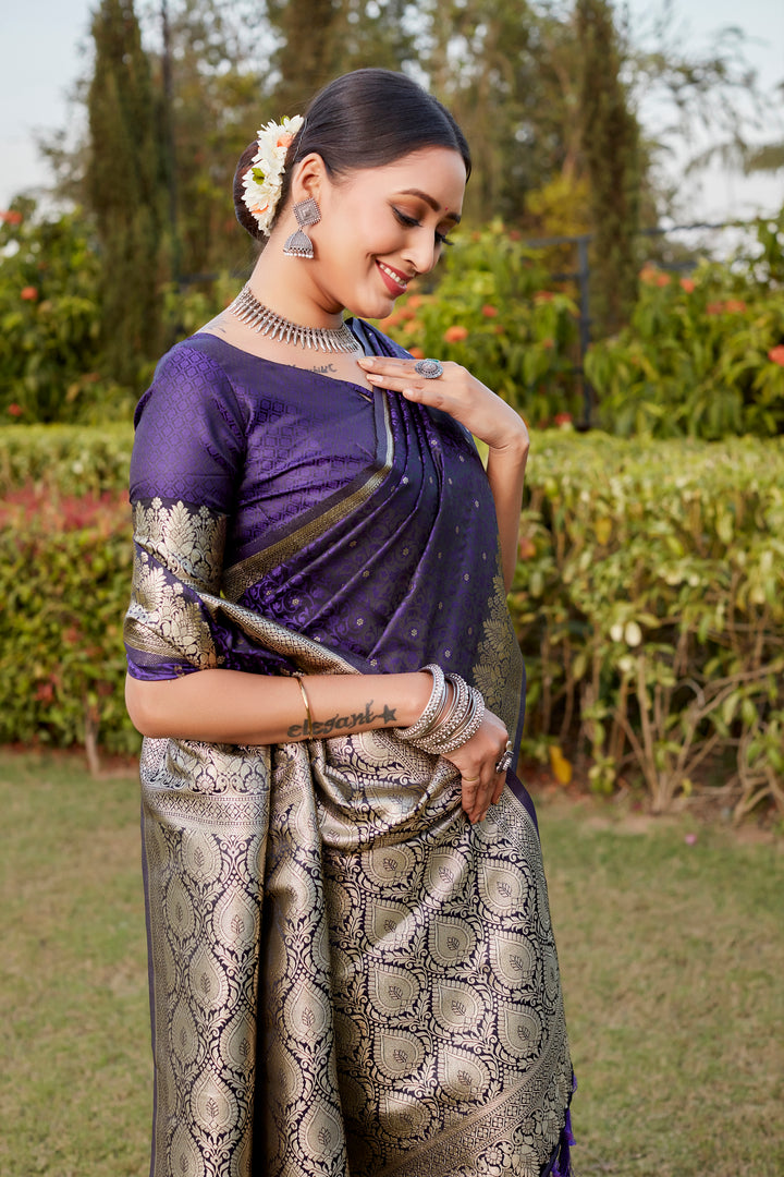 Purple Royal Kanjivaram Satin Silk Saree with intricate Butta design and luxurious designer border.