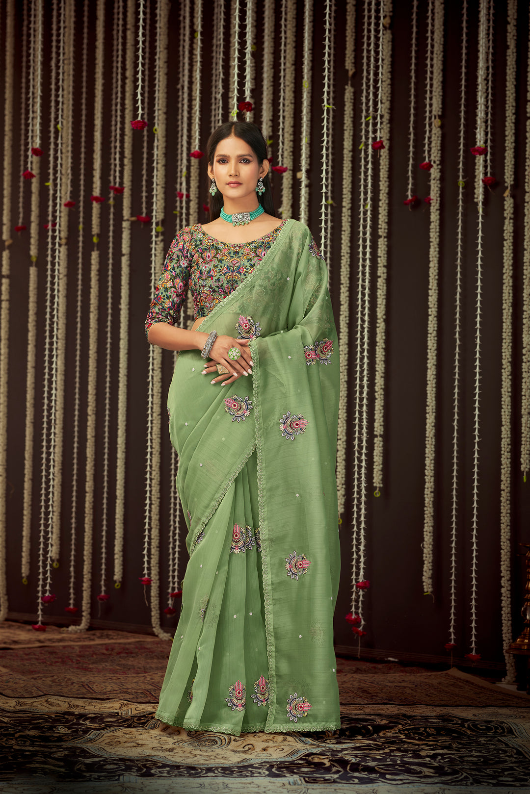 Olive Green Organza Saree | Floral Embroidery & Embroidered Blouse