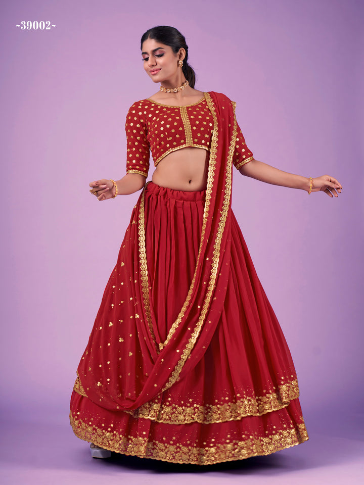 Flared Red Semi-stitched Embroidered Lehenga | Round Neck Blouse