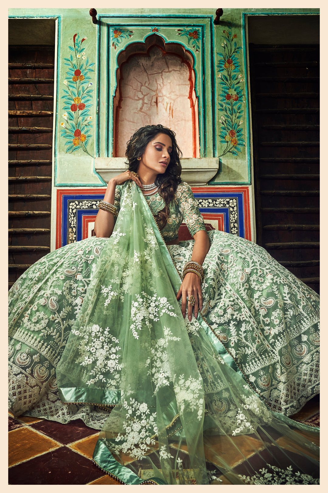 Mint Green Soft Net Lehenga Choli | Bridal Party Wear Outfit