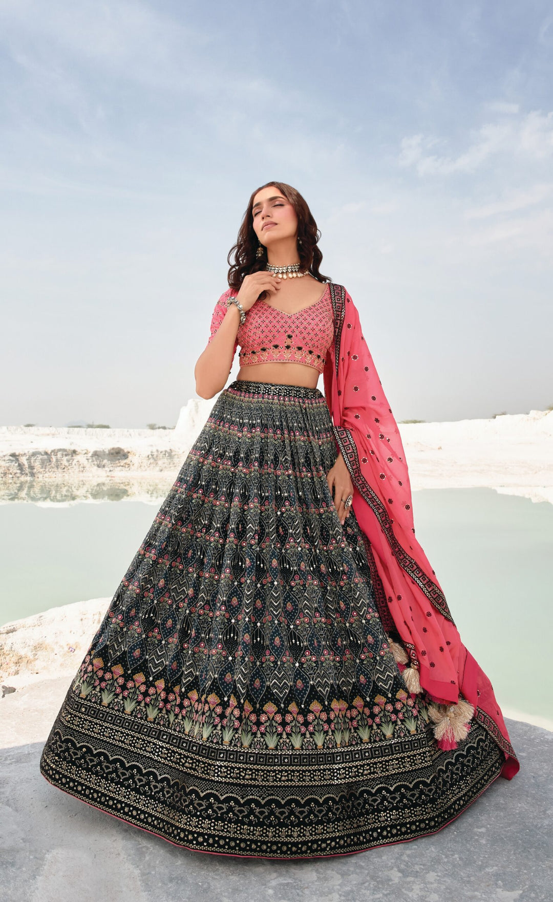 Elegant black and pink lehenga set, perfect for traditional weddings and festive occasions