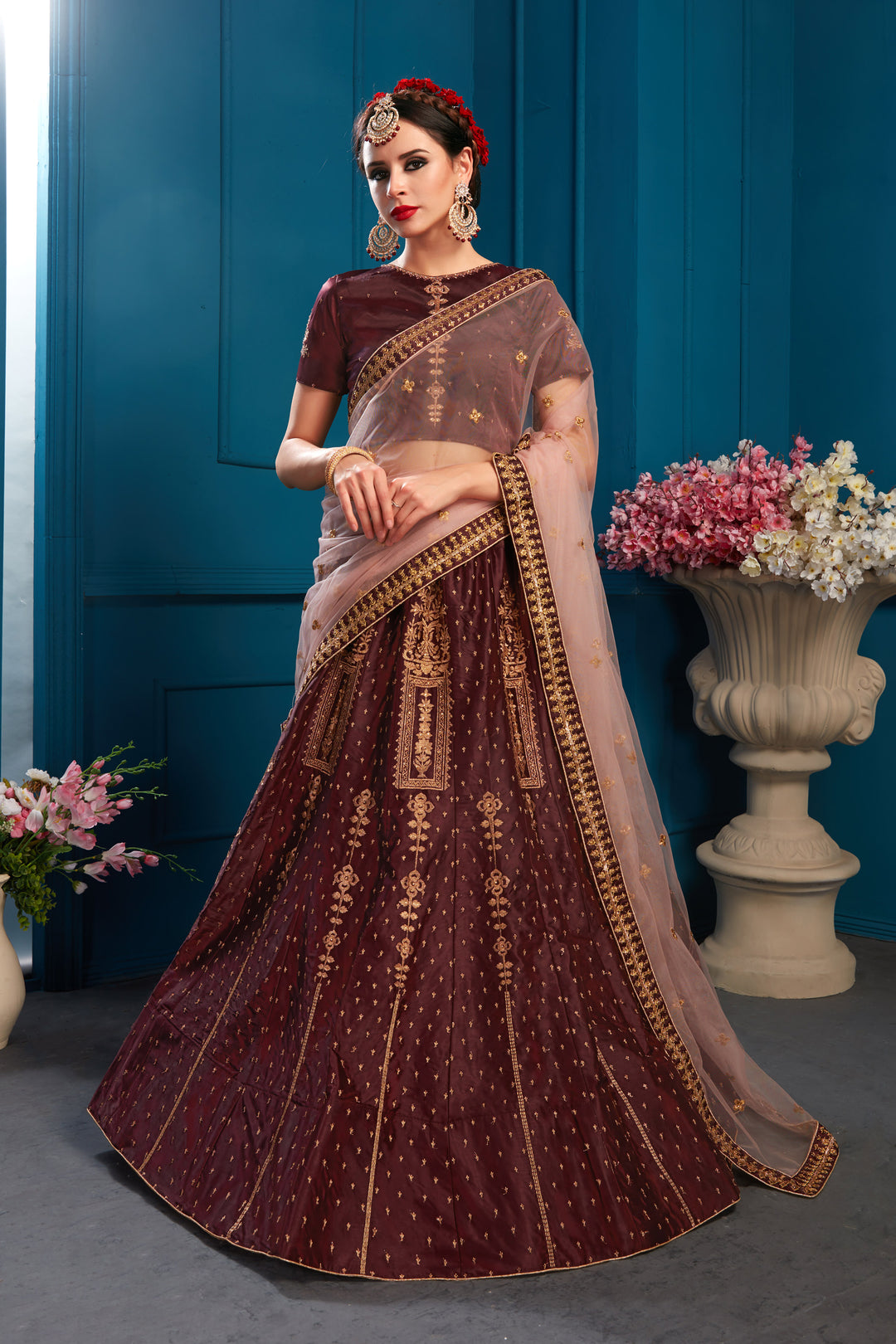 Elegant BrownLehenga Choli with Pink Net Dupatta | Short Sleeve Blouse