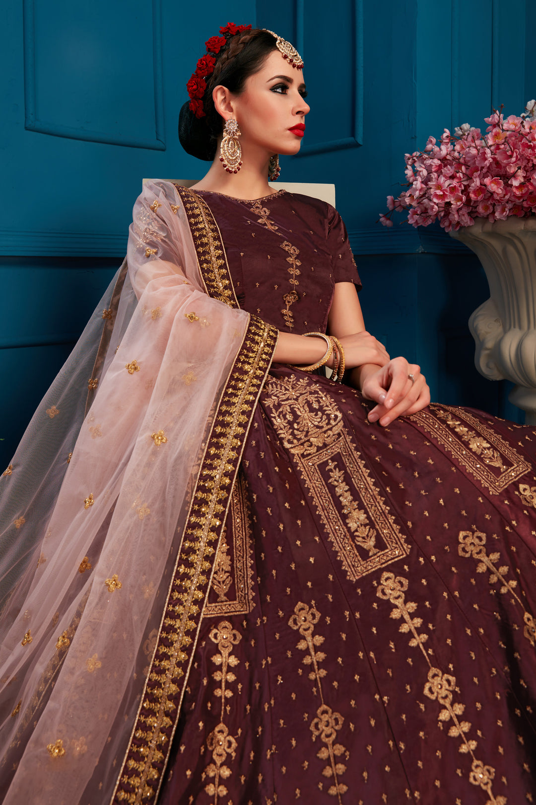 Elegant BrownLehenga Choli with Pink Net Dupatta | Short Sleeve Blouse