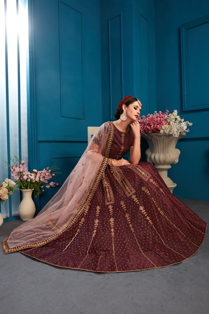 Elegant BrownLehenga Choli with Pink Net Dupatta | Short Sleeve Blouse