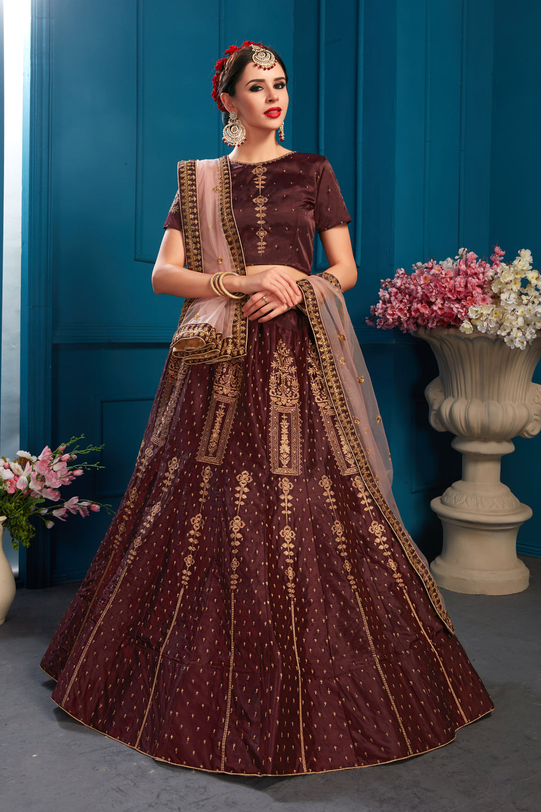 Elegant BrownLehenga Choli with Pink Net Dupatta | Short Sleeve Blouse