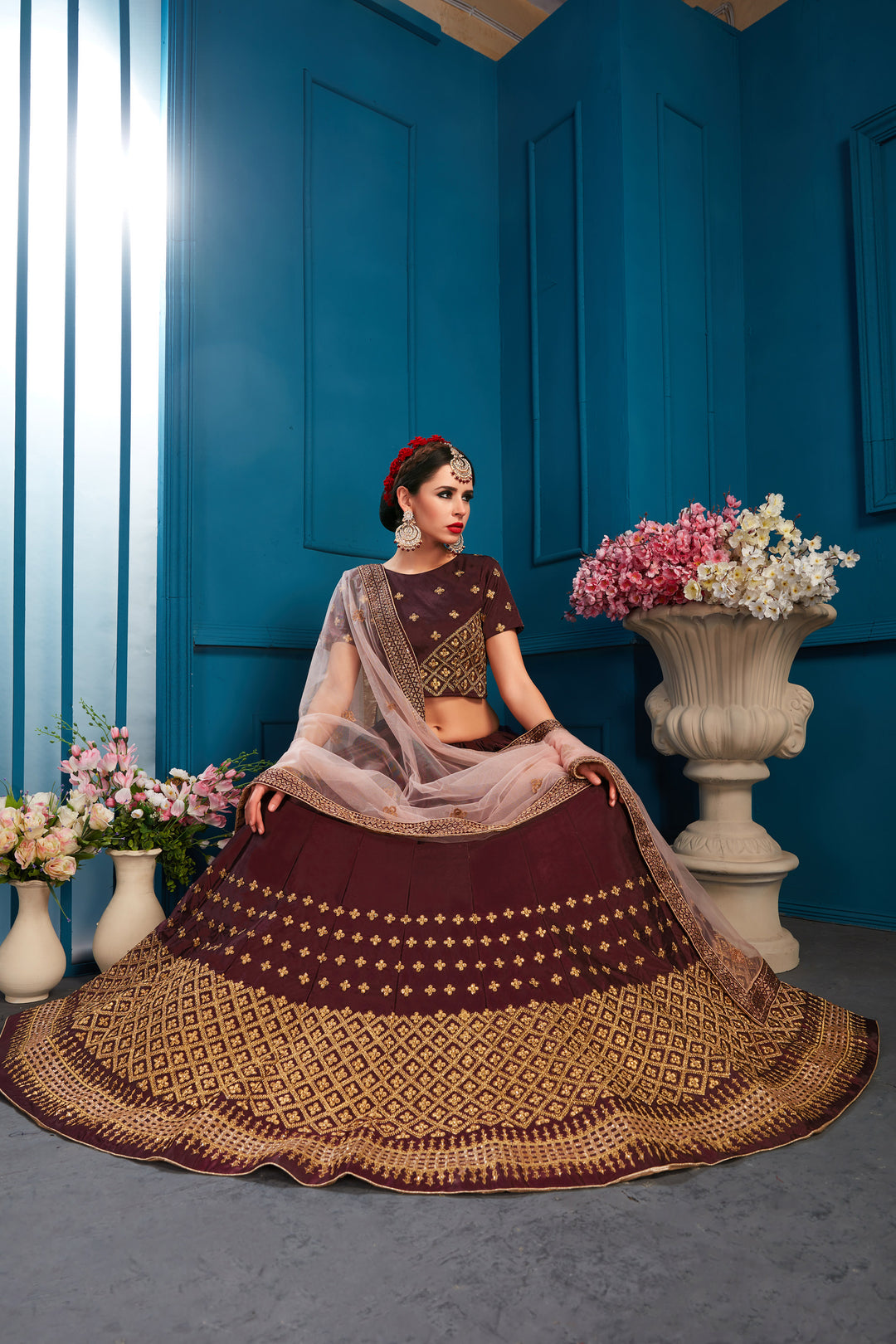 Designer Brown Lehenga Choli | Round Neck Blouse with Embroidered Dupatta