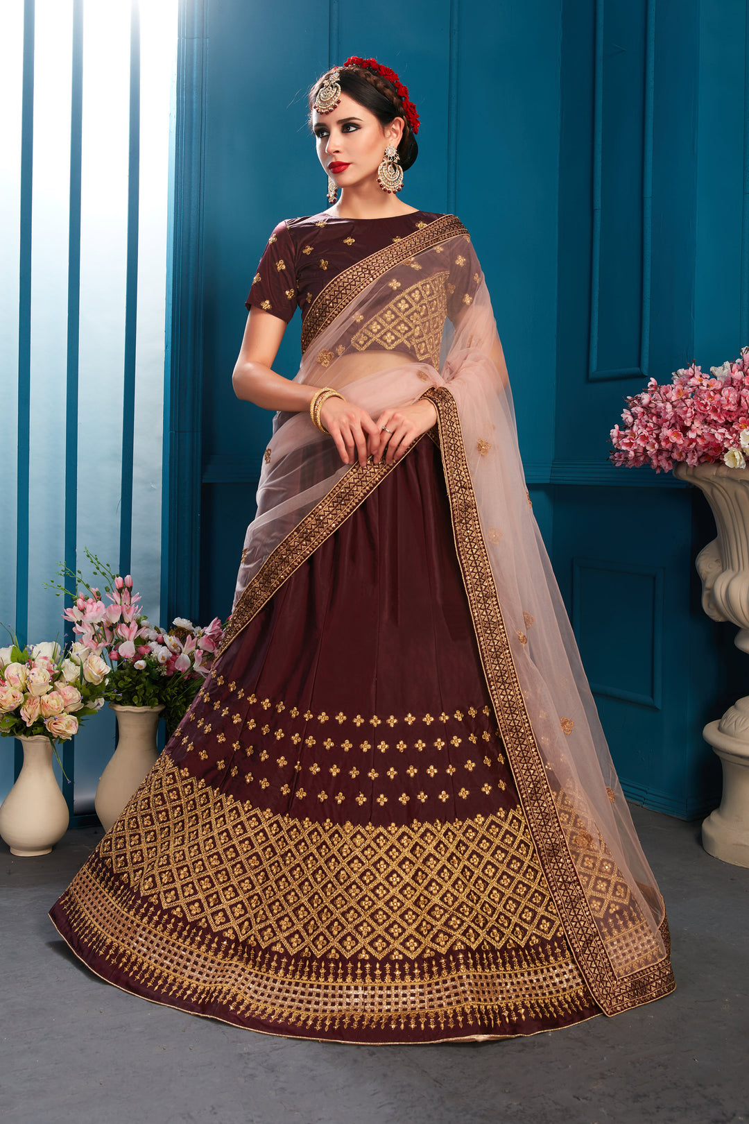 Designer Brown Lehenga Choli | Round Neck Blouse with Embroidered Dupatta