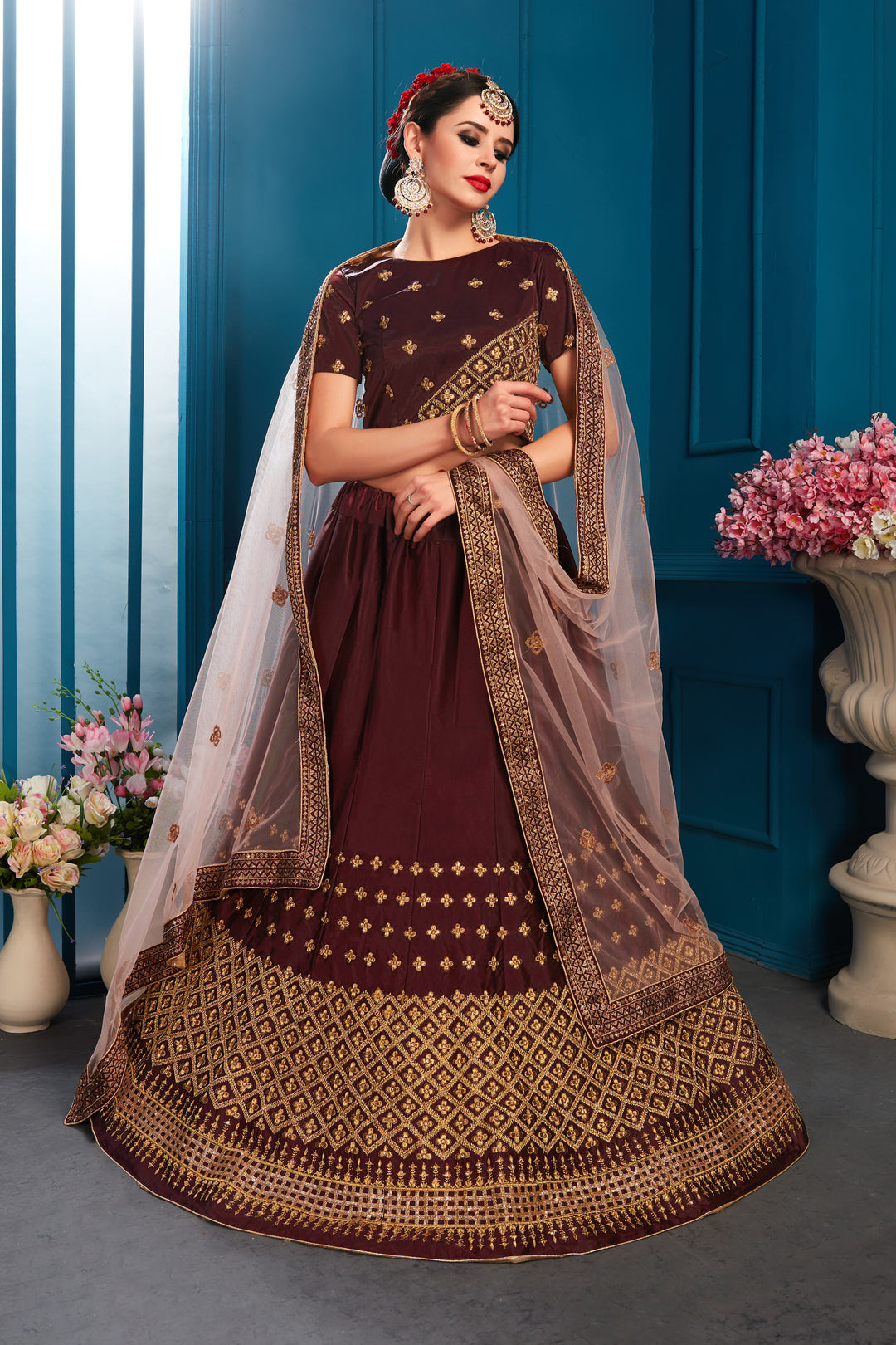 Designer Brown Lehenga Choli | Round Neck Blouse with Embroidered Dupatta