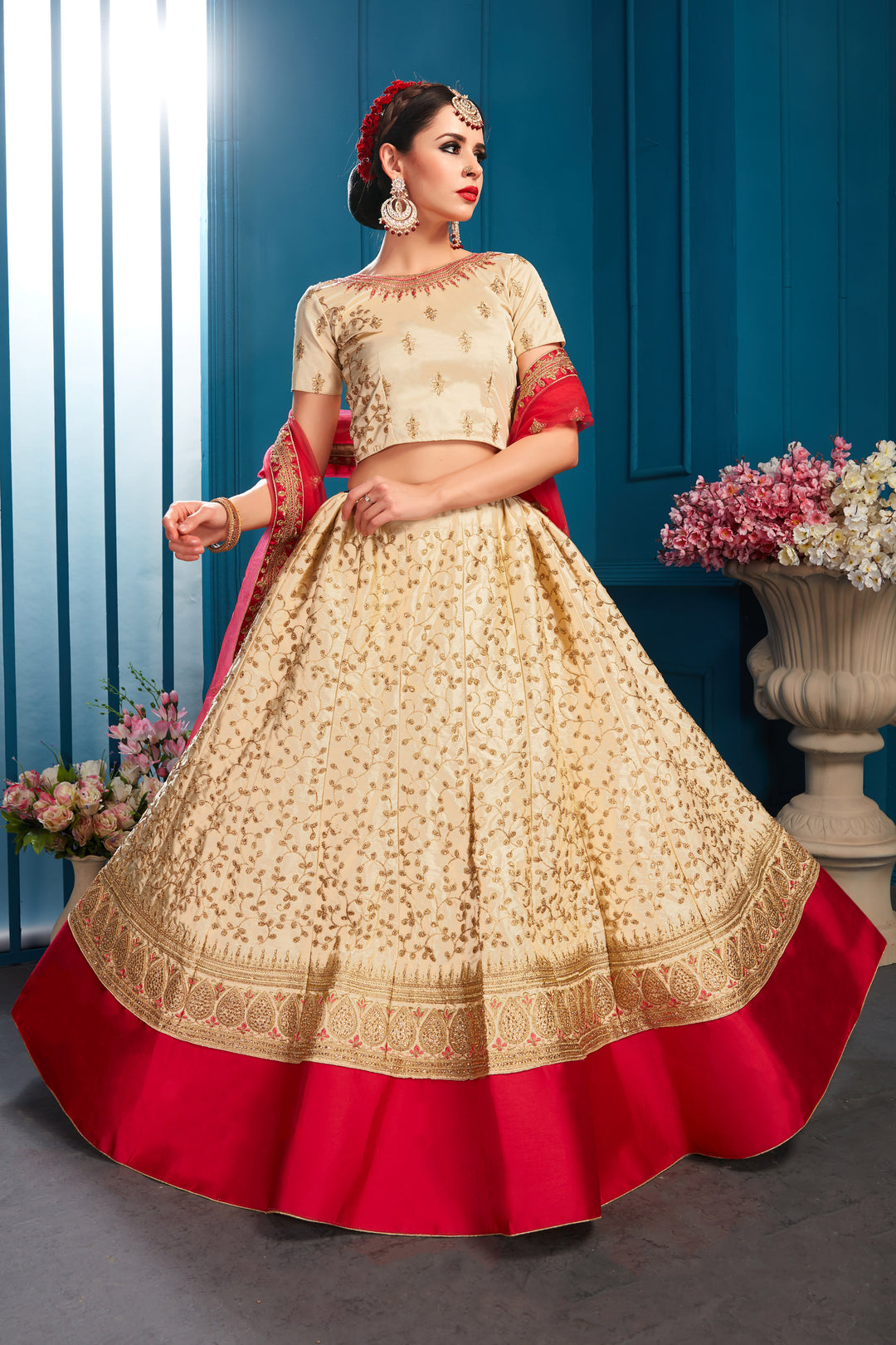 Beige Satin Lehenga Choli with Pink Embroidered Dupatta | Perfect Party Wear