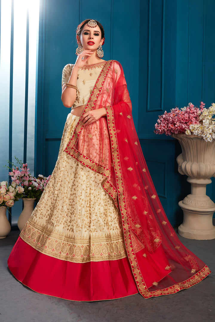 Beige Satin Lehenga Choli with Pink Embroidered Dupatta | Perfect Party Wear