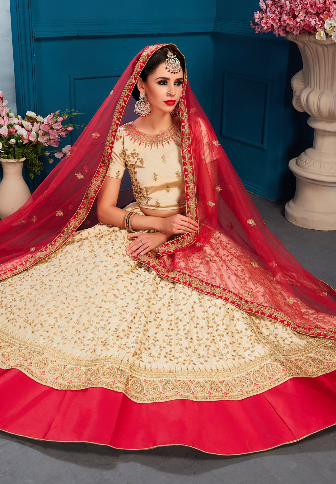 Beige Satin Lehenga Choli with Pink Embroidered Dupatta | Perfect Party Wear