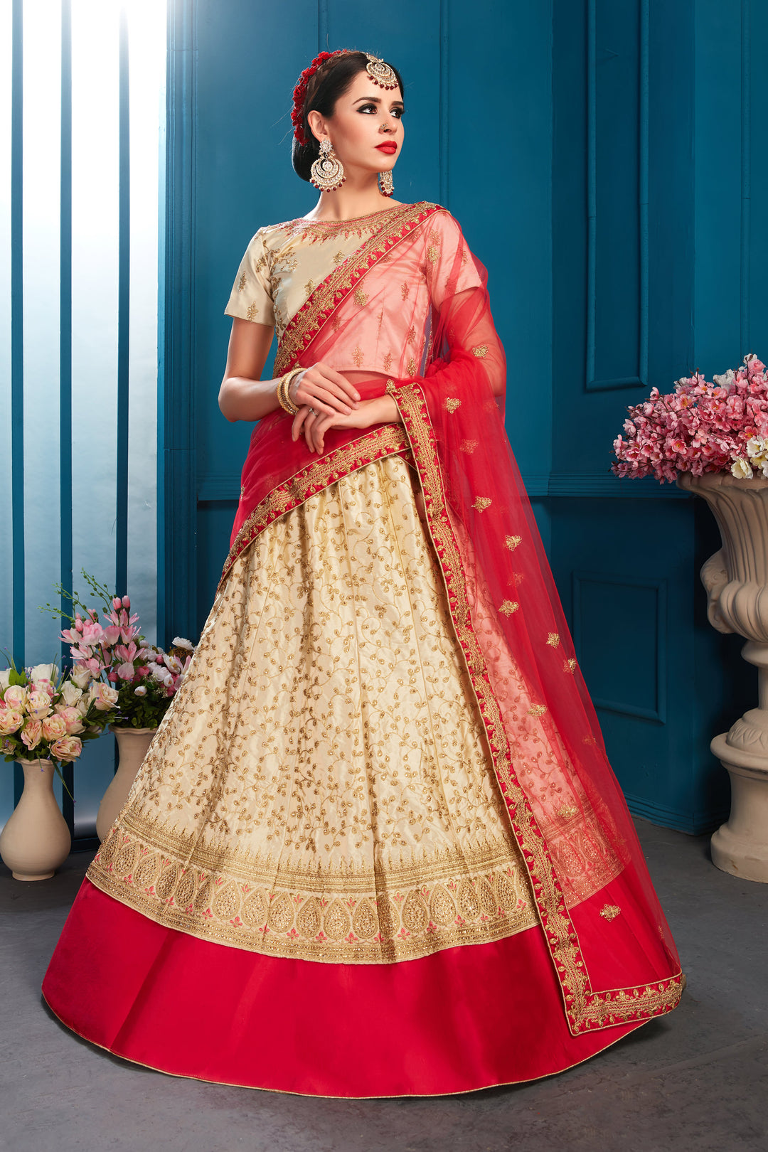 Beige Satin Lehenga Choli with Pink Embroidered Dupatta | Perfect Party Wear