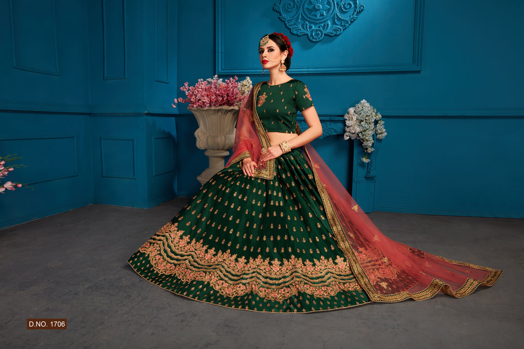 Green Satin Lehenga Choli | Pink Embroidered Dupatta for Women