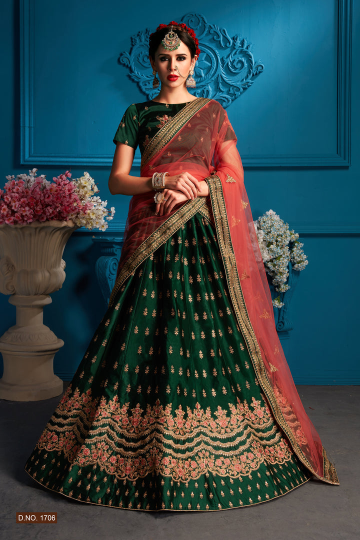 Green Satin Lehenga Choli | Pink Embroidered Dupatta for Women