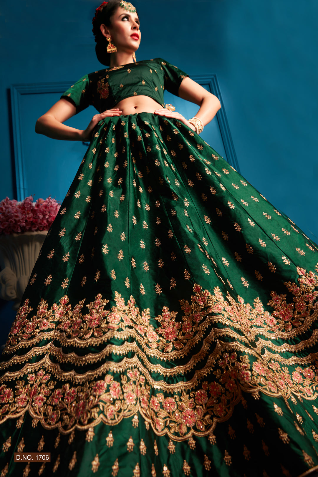 Green Satin Lehenga Choli | Pink Embroidered Dupatta for Women