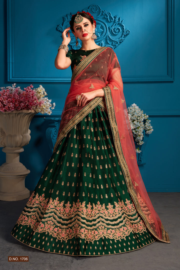 Green Satin Lehenga Choli | Pink Embroidered Dupatta for Women