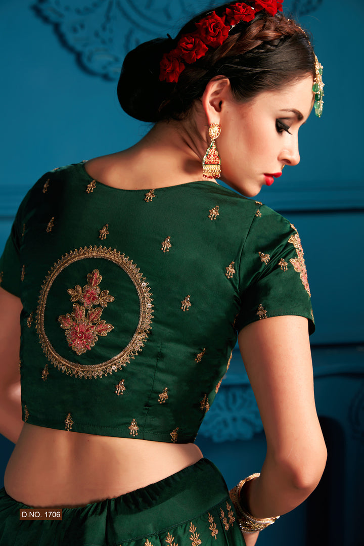 Green Satin Lehenga Choli | Pink Embroidered Dupatta for Women