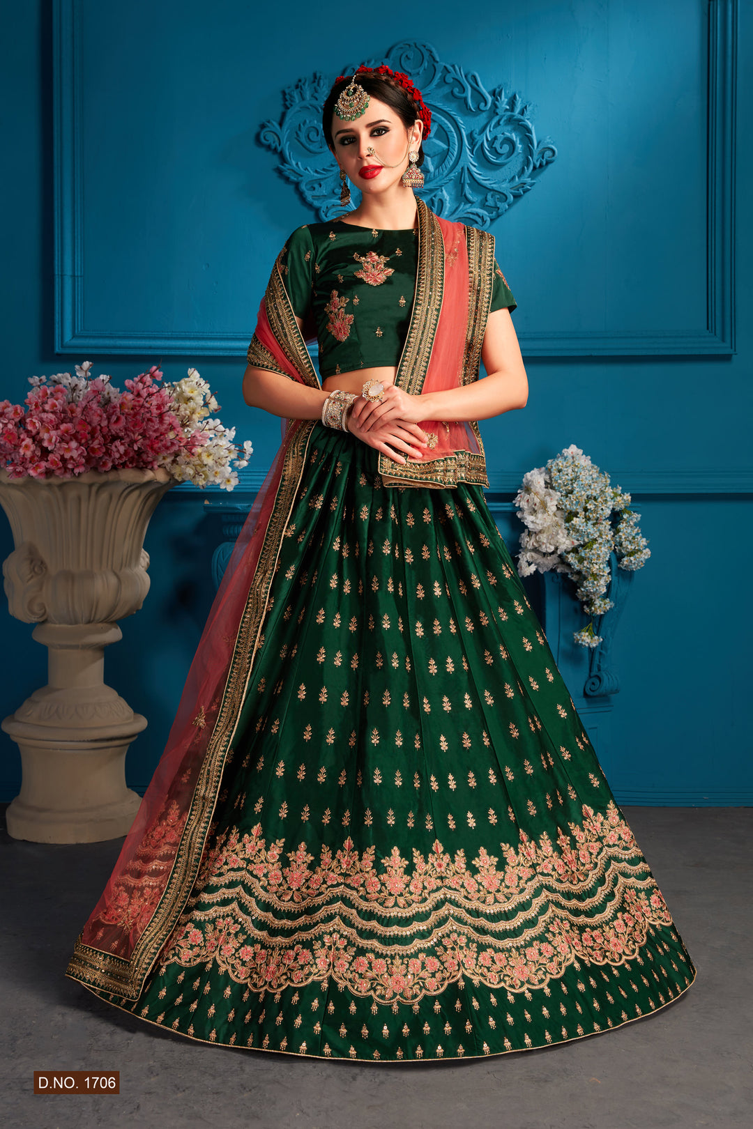 Green Satin Lehenga Choli | Pink Embroidered Dupatta for Women