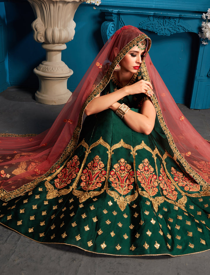 Green Satin Lehenga Choli | Embroidered Pink Dupatta for Women