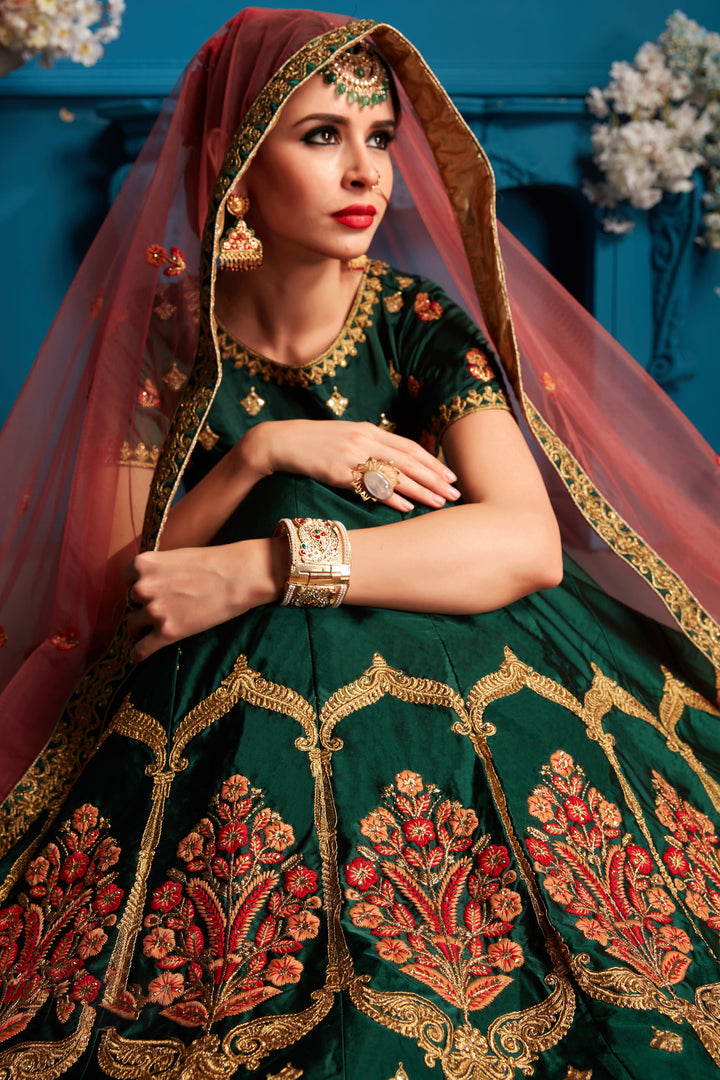 Green Satin Lehenga Choli | Embroidered Pink Dupatta for Women