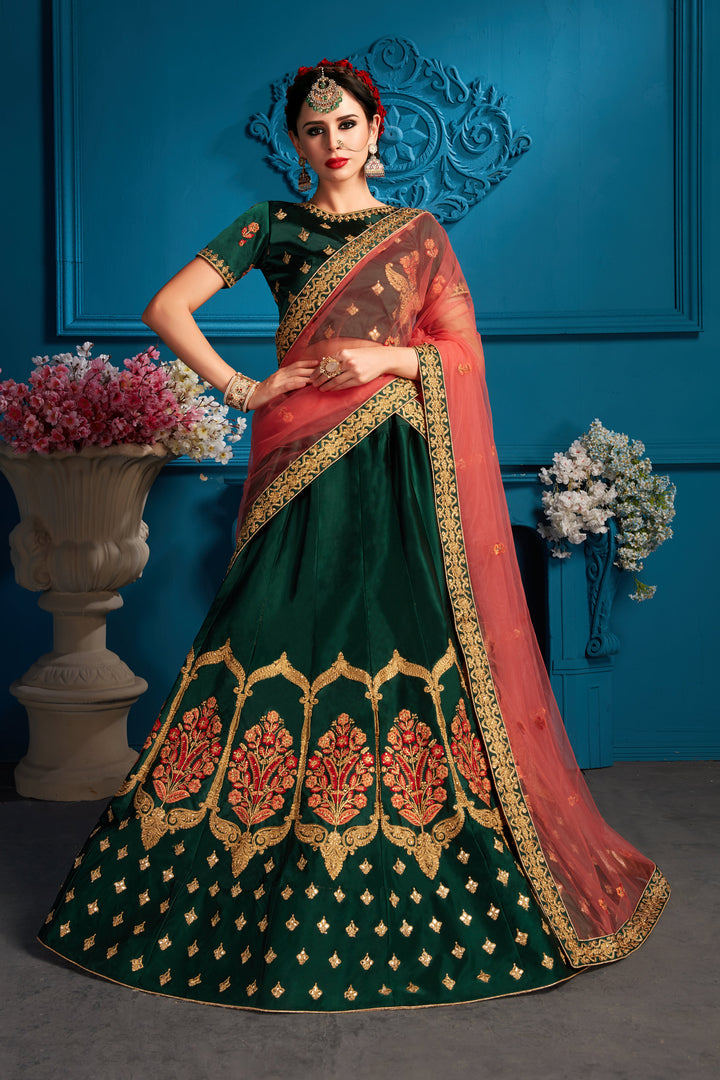 Green Satin Lehenga Choli | Embroidered Pink Dupatta for Women