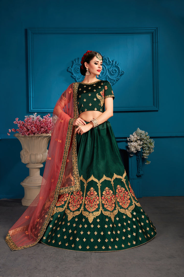 Green Satin Lehenga Choli | Embroidered Pink Dupatta for Women