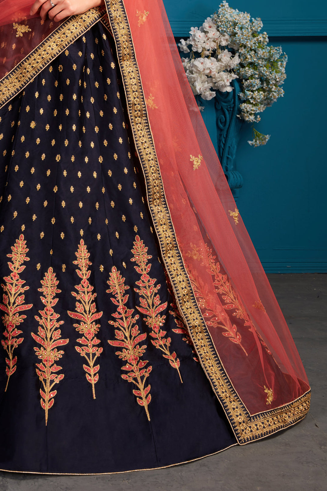 Elegant Navy Blue Lehenga Choli | Pink Dupatta for Women