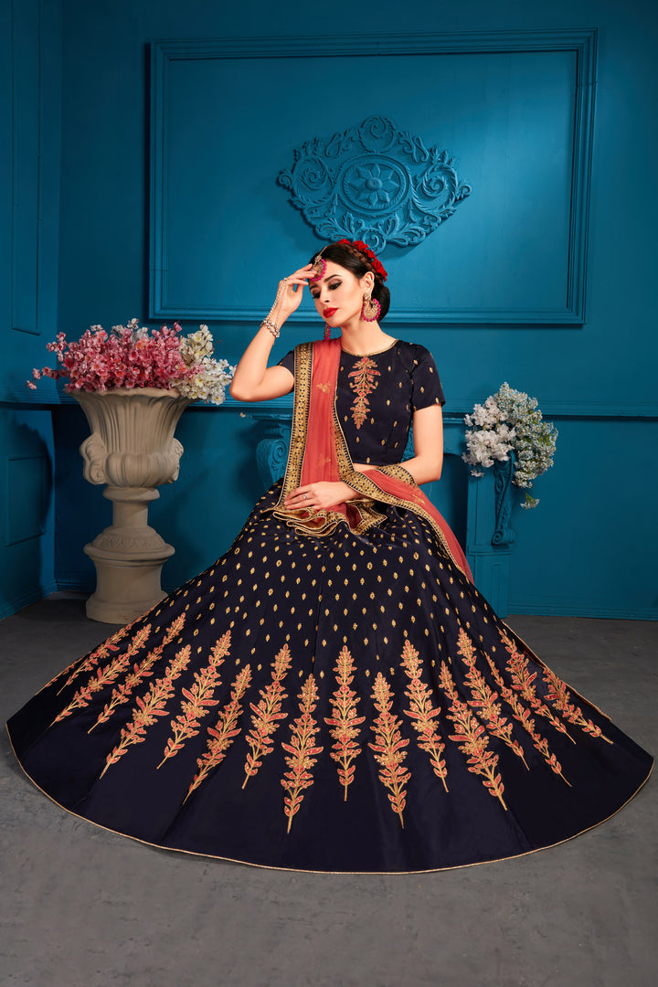 Elegant Navy Blue Lehenga Choli | Pink Dupatta for Women