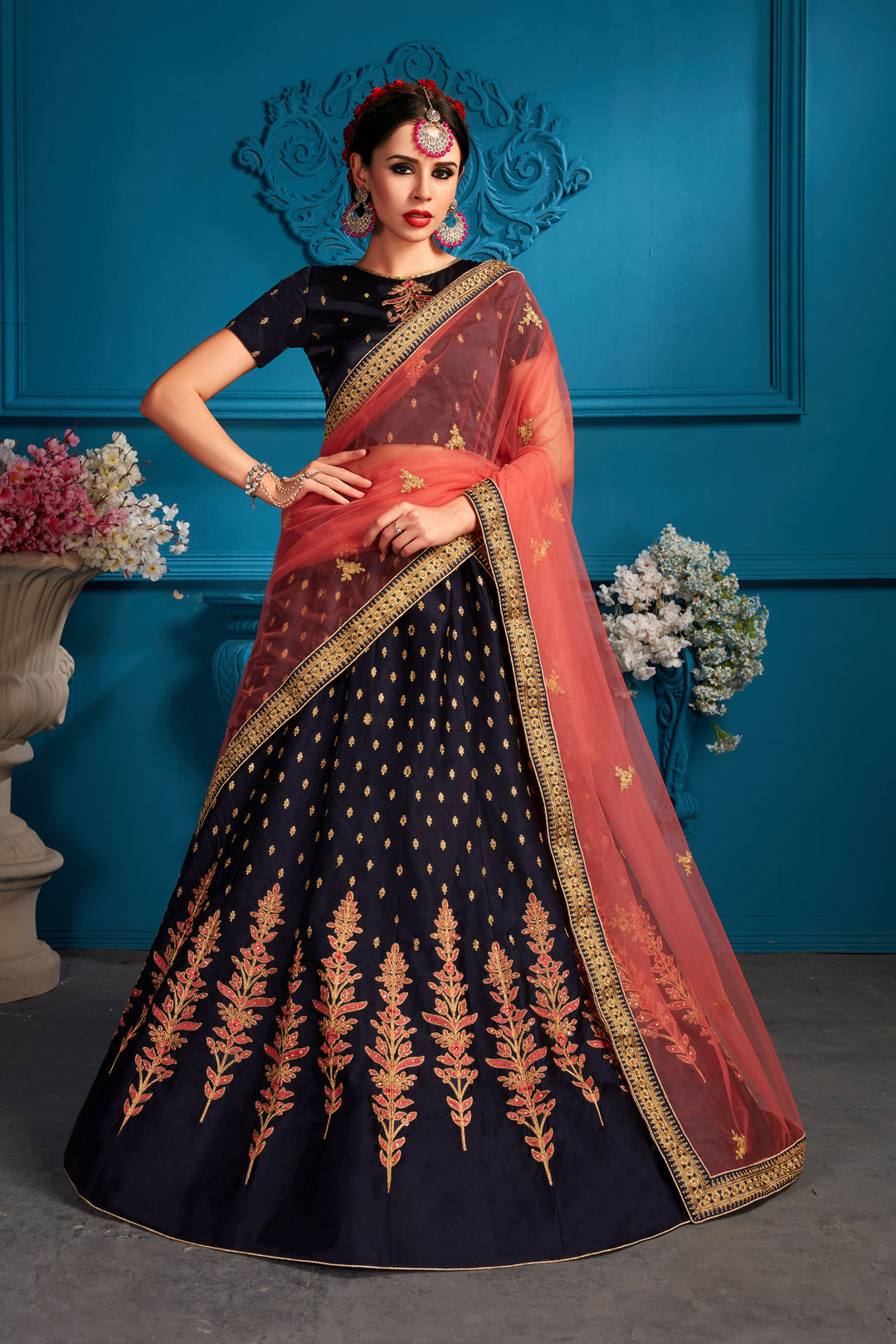 Elegant Navy Blue Lehenga Choli | Pink Dupatta for Women