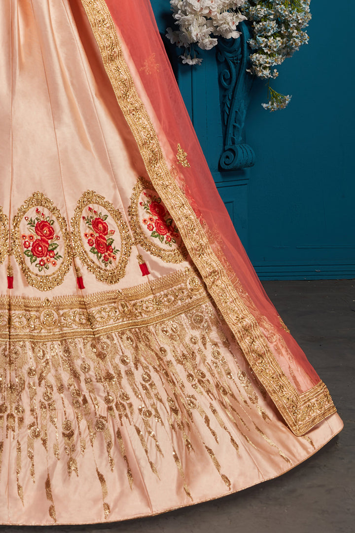 Peach Satin Lehenga Choli | Pink Dupatta for Festive Events