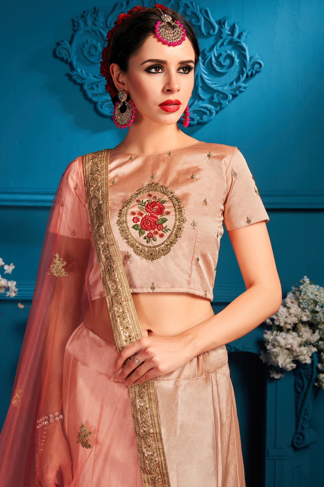 Peach Satin Lehenga Choli | Pink Dupatta for Festive Events