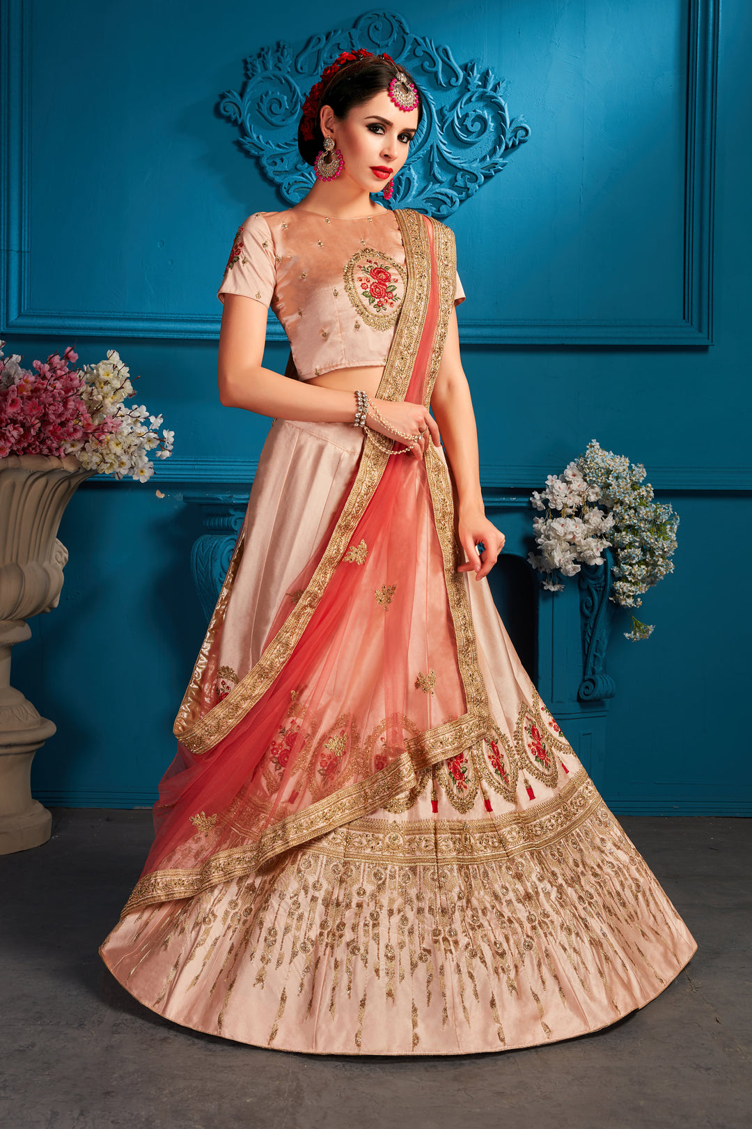 Peach Satin Lehenga Choli | Pink Dupatta for Festive Events