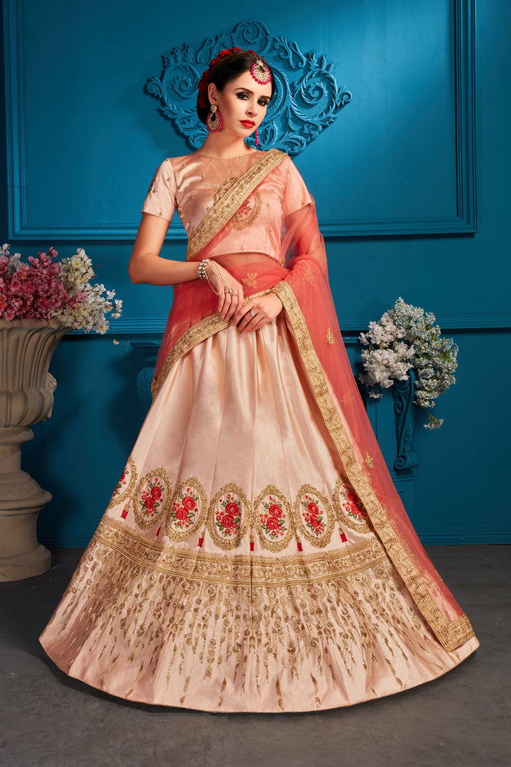 Peach Satin Lehenga Choli | Pink Dupatta for Festive Events