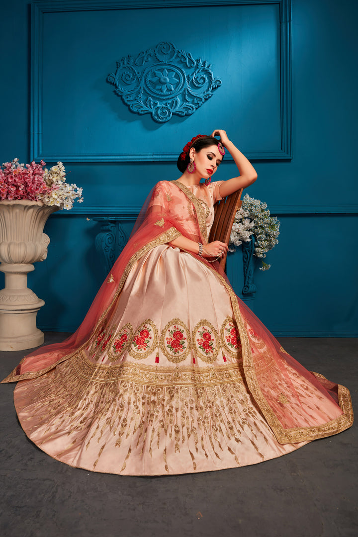 Peach Satin Lehenga Choli | Pink Dupatta for Festive Events