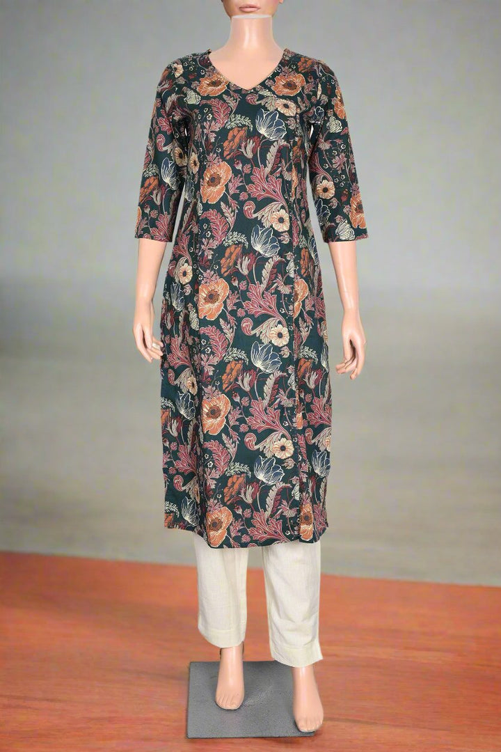 Chic dark green kurti featuring vibrant floral prints, perfect for enhancing your everyday wardrobe and casual outings.