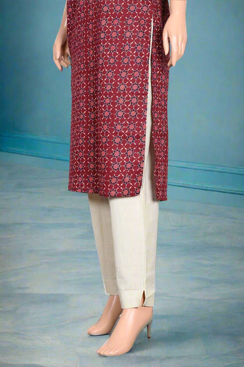 Comfortable and stylish floral maroon kurti in soft cotton fabric for women.