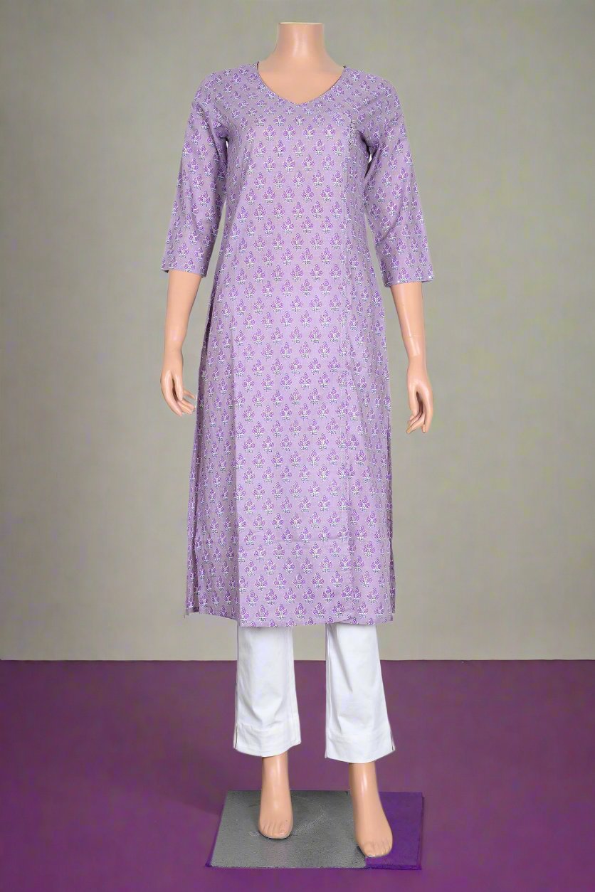 Lavender floral Indian kurta for women, stylish casual wear with soft fabric.