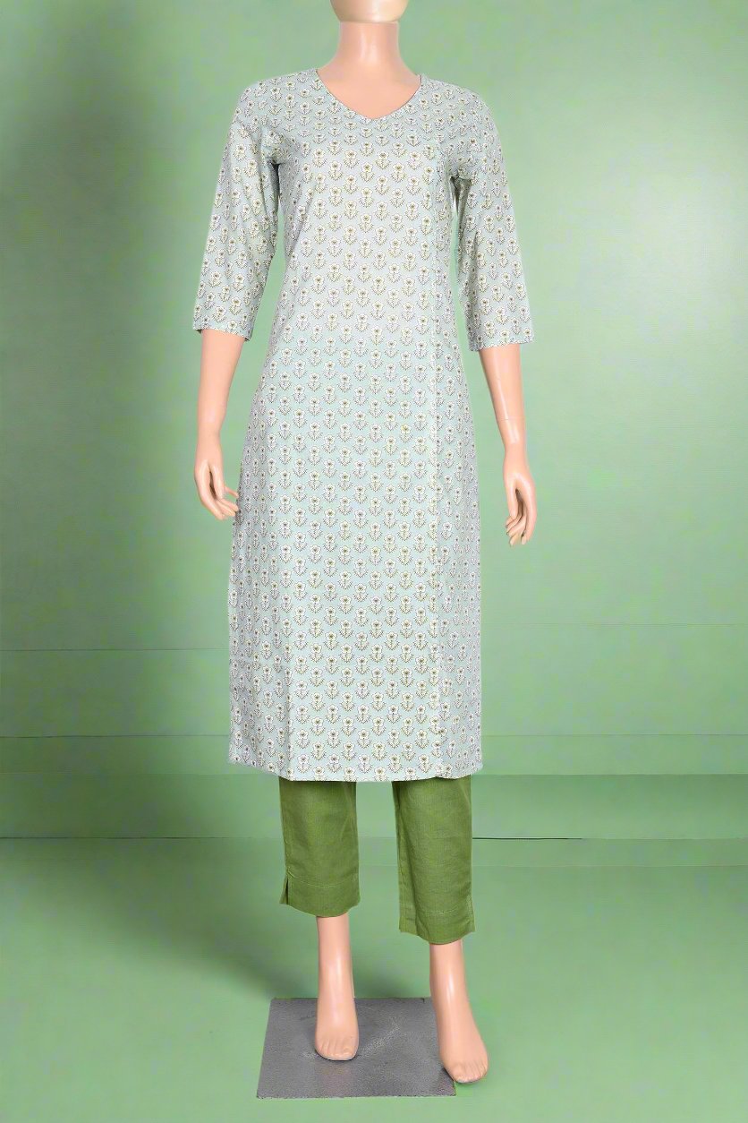 Chic pista green floral kurti in cotton, stylish everyday Indian wear for women.