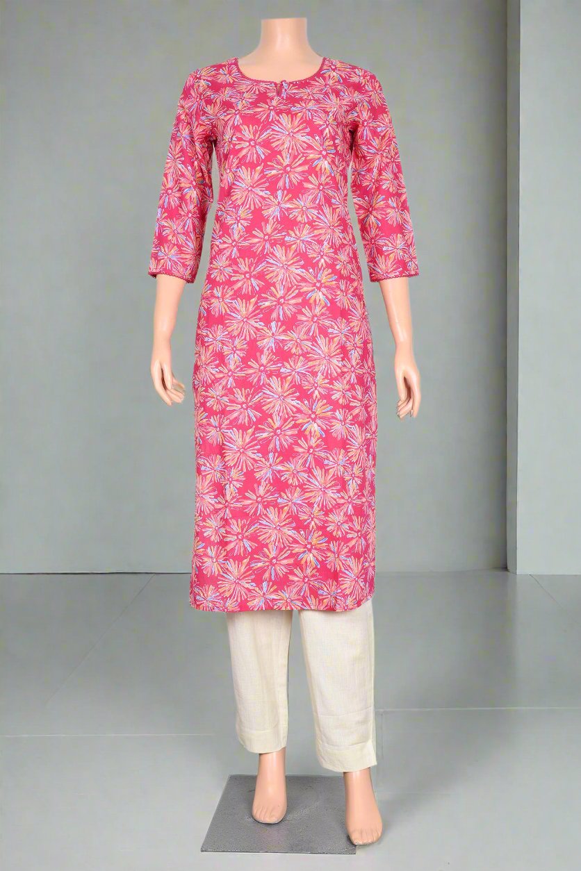 Bright pink floral kurta for women, ideal for casual outings, blending comfort and modern style for everyday wear.