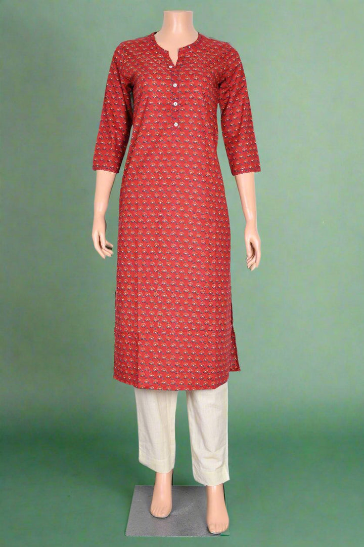 Trendy red kurti with floral patterns, perfect for women looking to embrace stylish Indian ethnic wear in their wardrobe