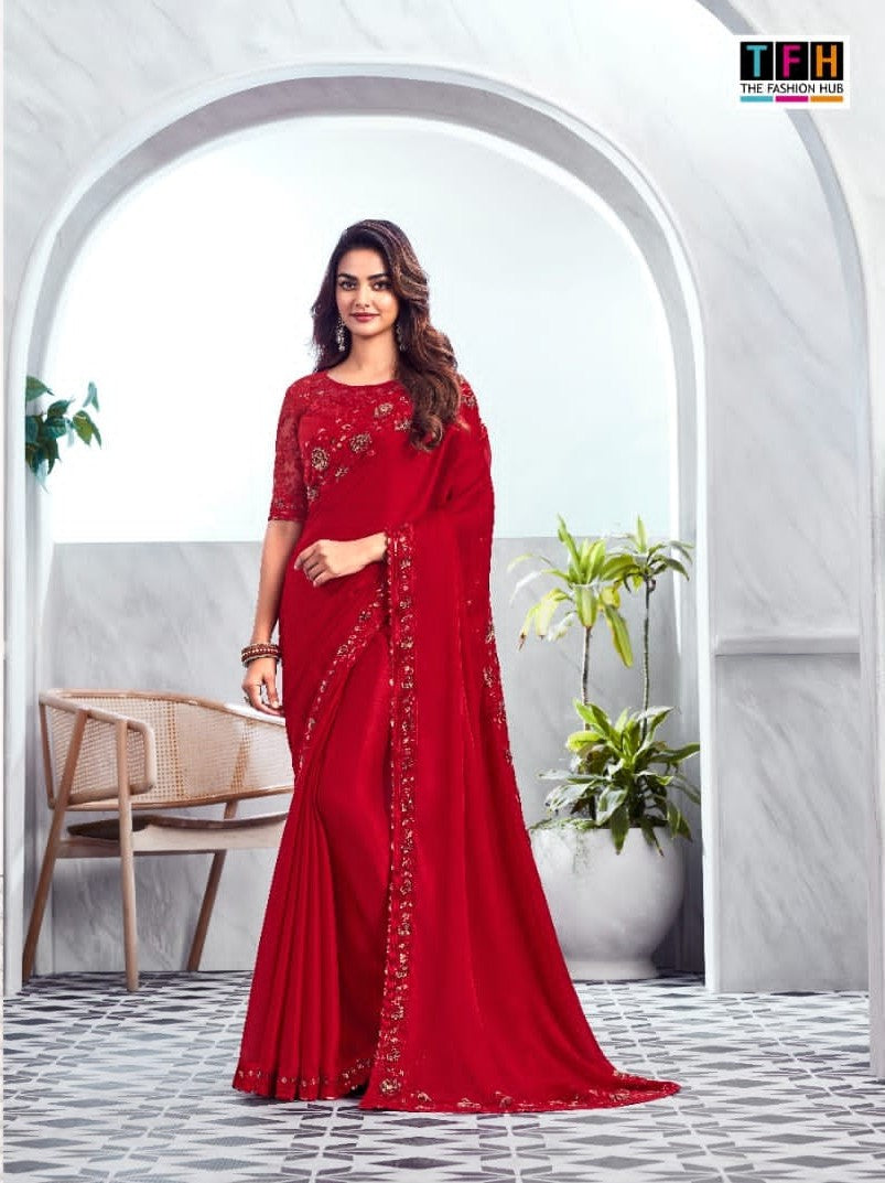 Timeless Red Velvet Chiffon Silk Saree | Indian Sadi for Special Occasions